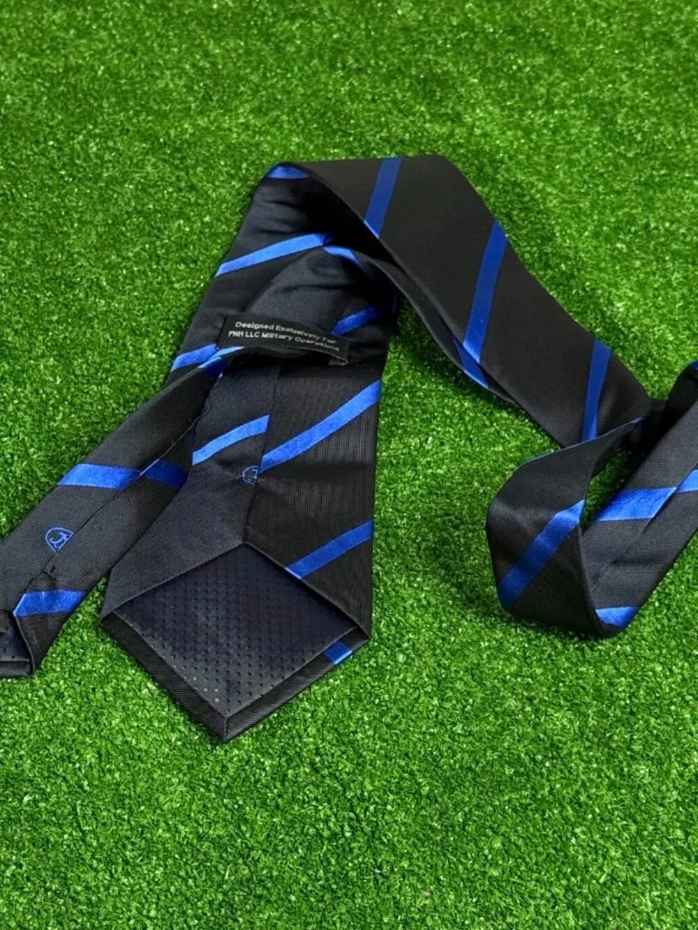 Rare FNH LLC Military Operations Monogram Silk Regimental Tie Navy Royal Silk